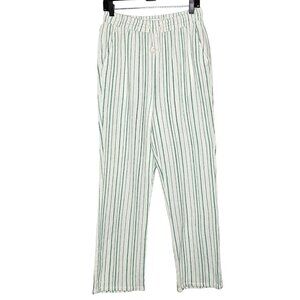 Topshop S White & Green Striped Elastic Waist Cotton Pants With‎ Drawstring